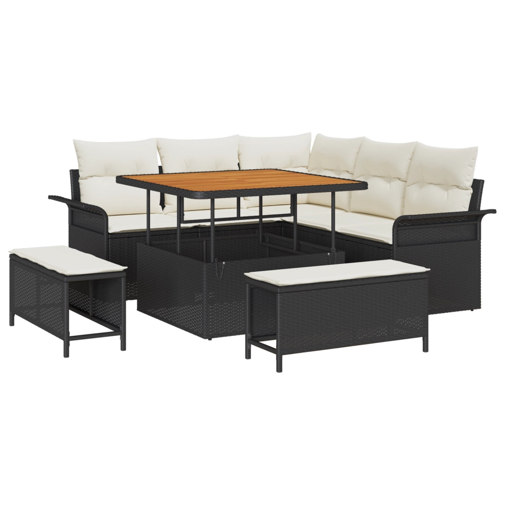 Set Divano da Giardino 8 Pezzi con Cuscini Nero Polyrattan Acacia