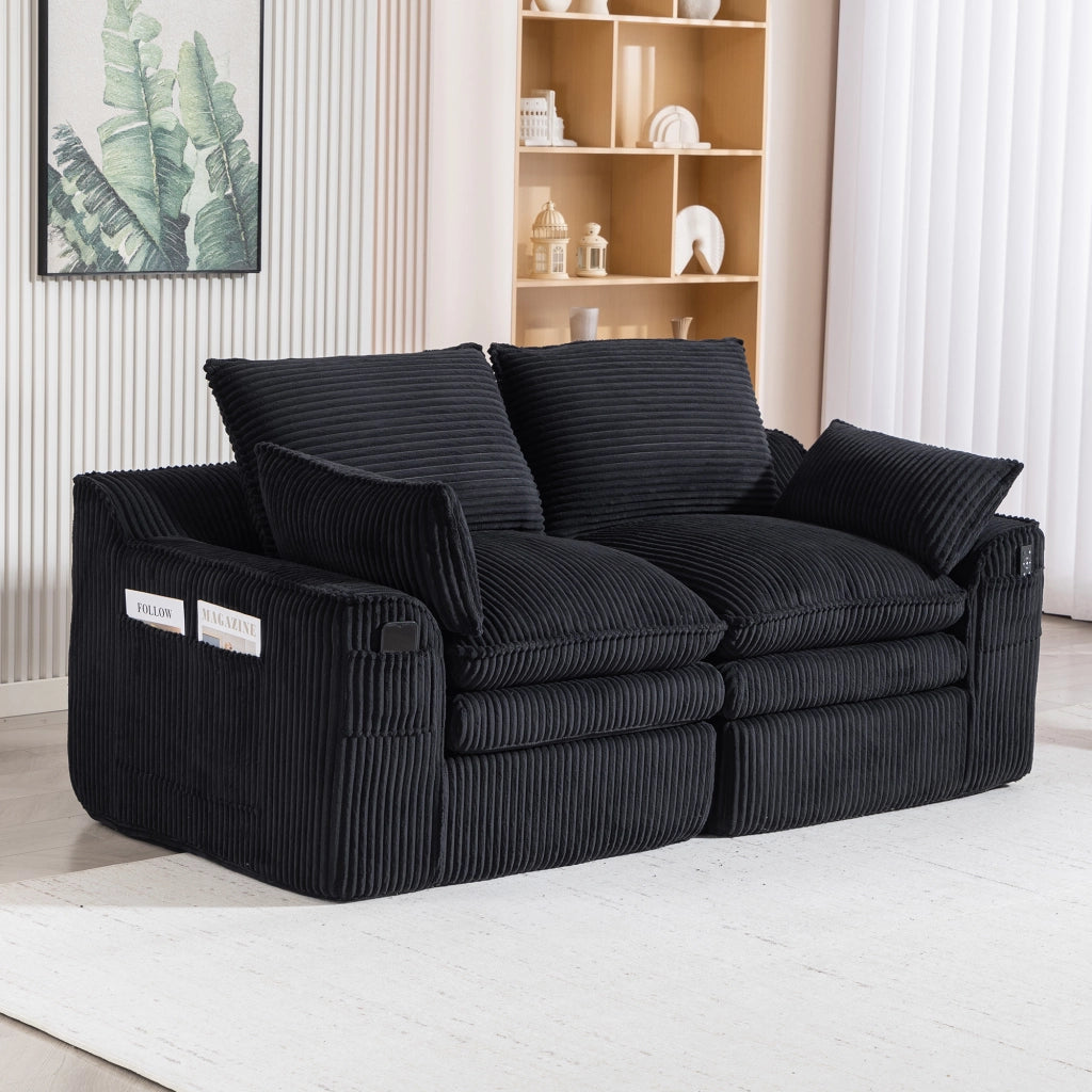 Divano a 2 posti in velluto a coste con cuscini e tasche laterali, schiuma a 3 strati, nero 191 × 94 × 85 cm