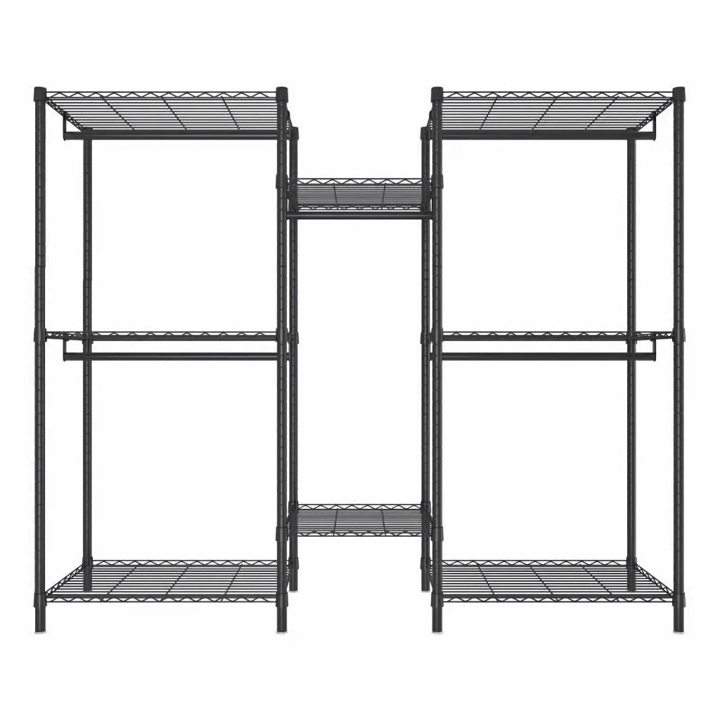 Porta abiti freestanding nero in metallo con 8 ripiani a griglia e 5 aste appendiabiti
