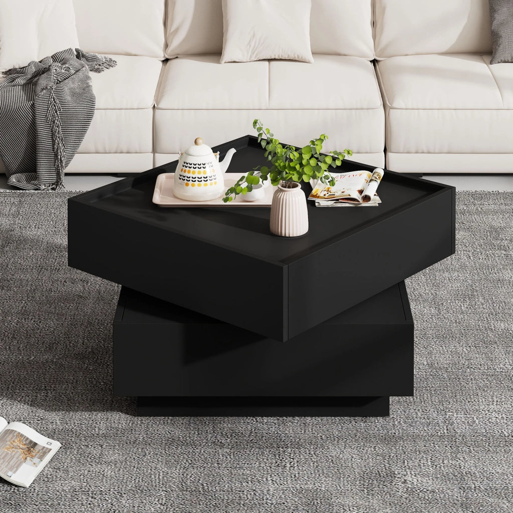 Tavolino basso modulare girevole a 360° con 2 cassetti e struttura in pannello nero 60 × 60 × 38 cm