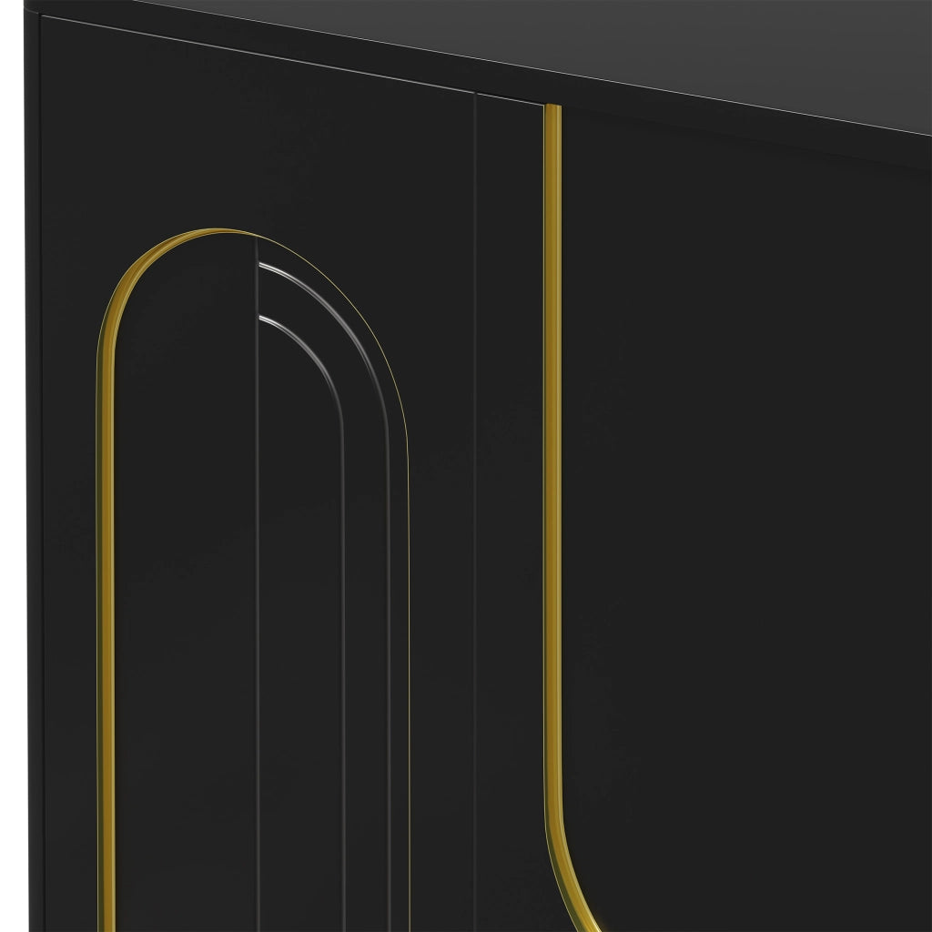 Credenza, mobile contenitore, ante con decorazioni ad arco in filo d’oro, piedini metallici sferici, nero