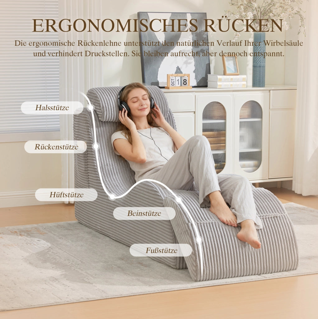 Poltrona ergonomica 160x66x90 cm con tasca laterale e cuscino; grigio chiaro