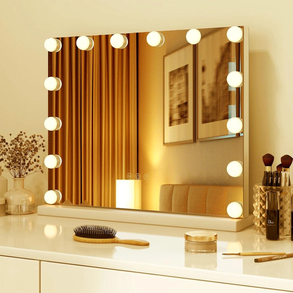 Specchio per Trucco Illuminato, Specchio da Tavolo con 14 Luci LED e Specchio con Ingrandimento 5X, Specchio da Toeletta con 3 Colori e Luminosità Regolabile, 50x43 cm