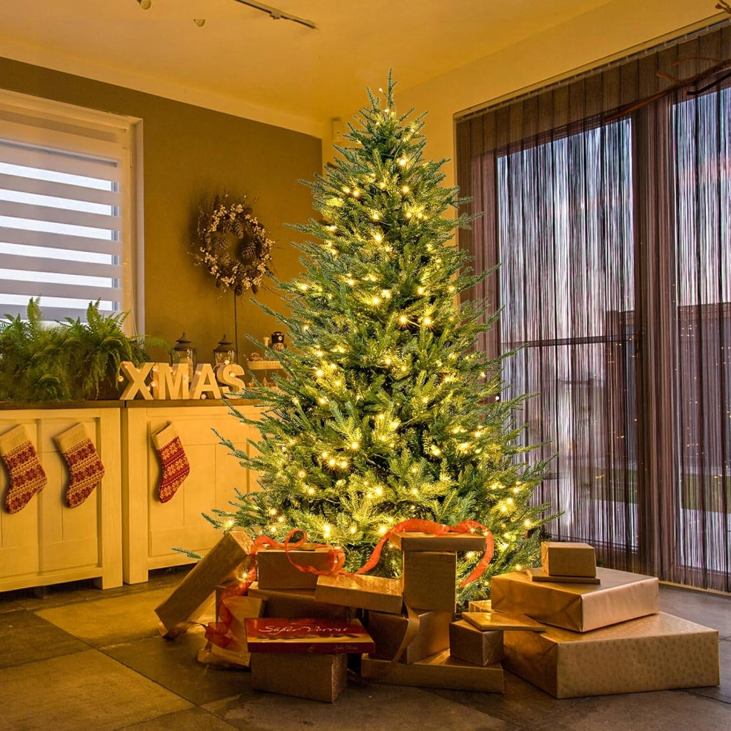 Albero di Natale 136/183/213 cm, Albero di Natale Artificiale Pre-Illuminato con 386/788/1130 Rami in PE e PVC, 180/280/380 Luci a LED Bianco Caldo e 8 Modalità di Illuminazione (183 cm)
