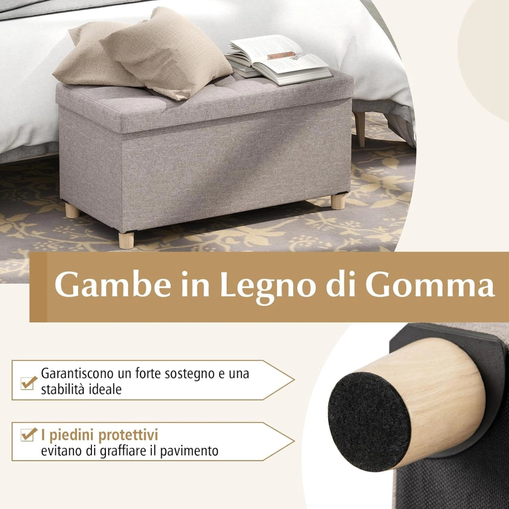 Panca Contenitore da 76 cm, Panca in Tessuto di Lino con Vassoio e Gambe in Legno di Gomma, Cassapanca Imbottita per Spazi Piccoli, Poggiapiedi per Soggiorno, Camera da Letto e Ingresso
