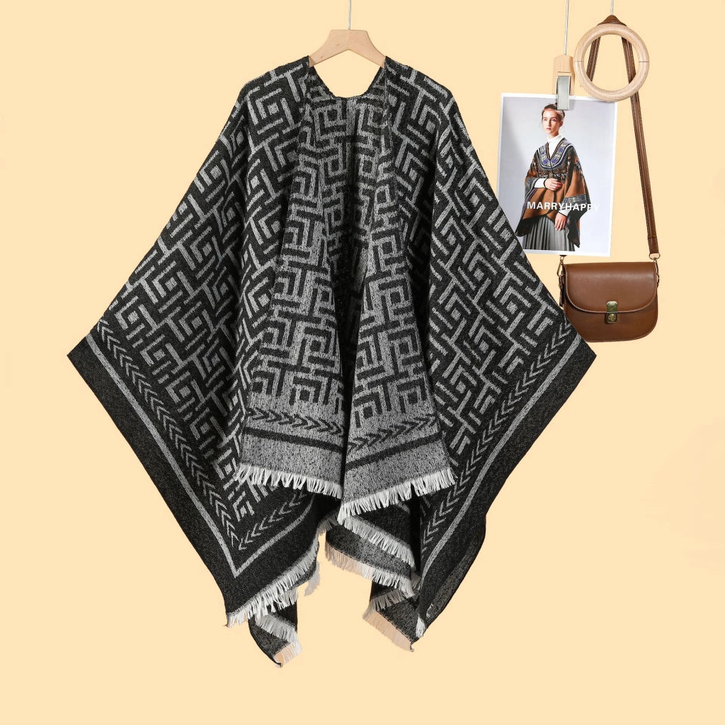 Nuovo mantello/cappotto caldo da donna in jacquard double face, stile pastorale, con spacco laterale.