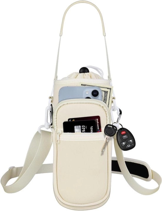 Sacca regolabile per bottiglie da spalla per contenitori 25 oz/32 oz con 2 tasche, isolata - per bottiglie da sport, escursioni, viaggi, campeggio - Beige