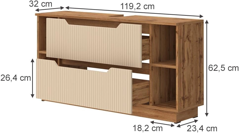 Mobile sottolavabo per bagno Lotta, Rovere/cashmere a righe, 119.2 x 62.5 cm con 2 cassetti