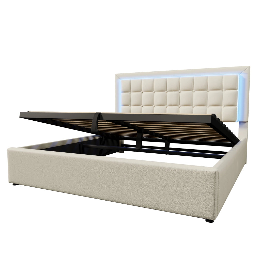Letto matrimoniale imbottito 180x200 cm con LED, contenitore e rete a doghe