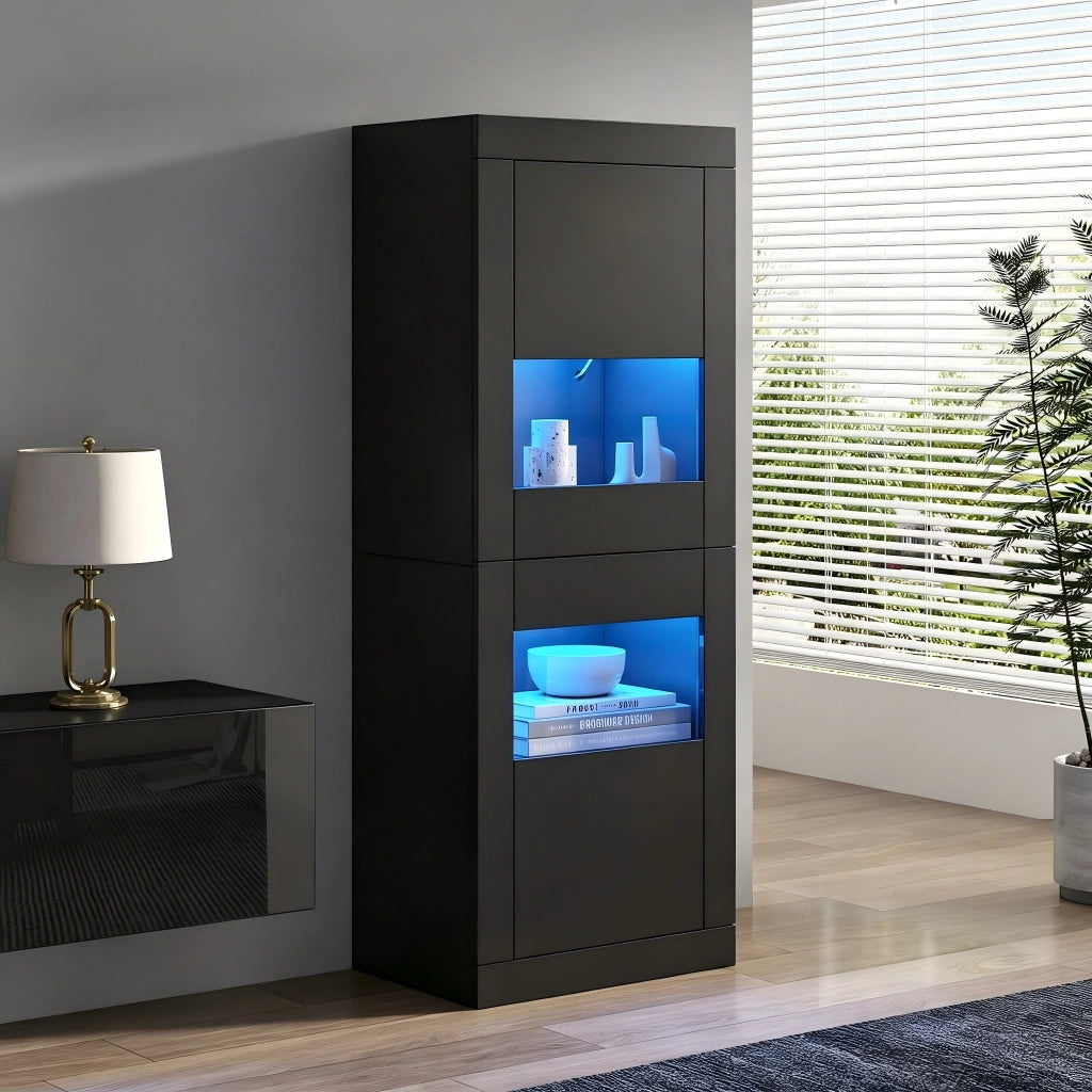 Vetrina con LED e 2 ante, 3 ripiani regolabili e 4 vani, per soggiorno e sala da pranzo, nero, 61 × 42 × 162 cm