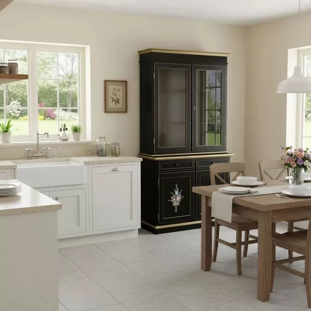 Cristalliera 2 porte shabby legno nero decorata filo oro 105x42x206 - Mobili 2G