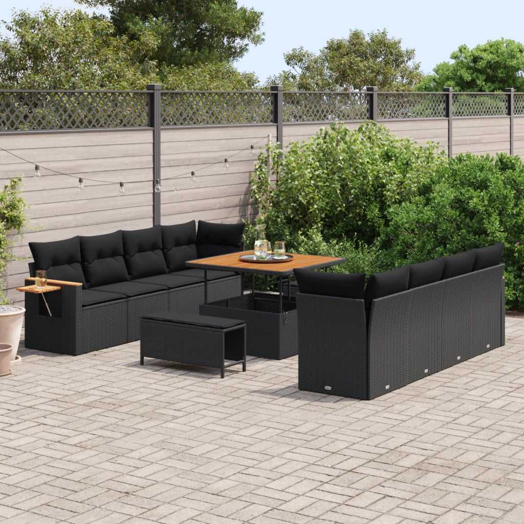 Set Divani Giardino 11 Pezzi con Cuscini in Rattan Poligonale Nero Acacia