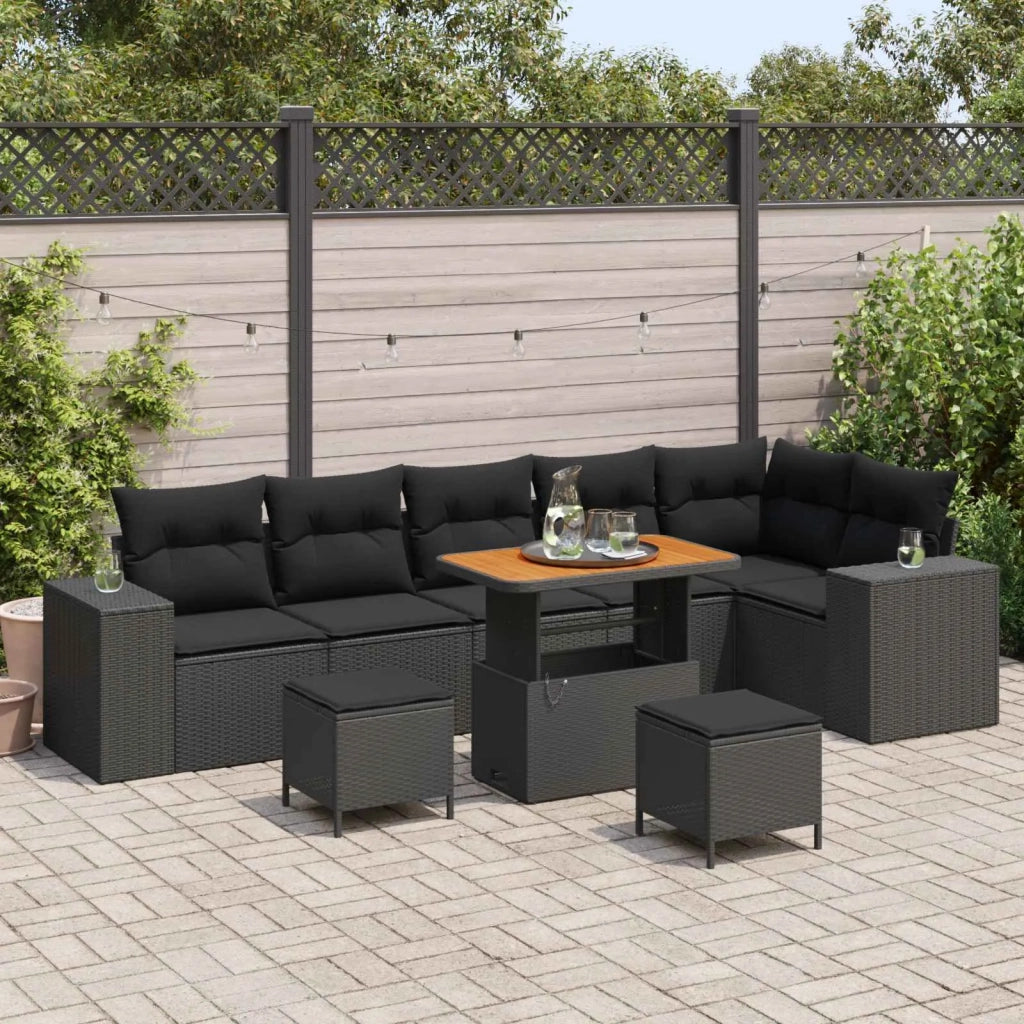 Set Divano da Giardino con cuscino 9 pcs Nero polyrattan