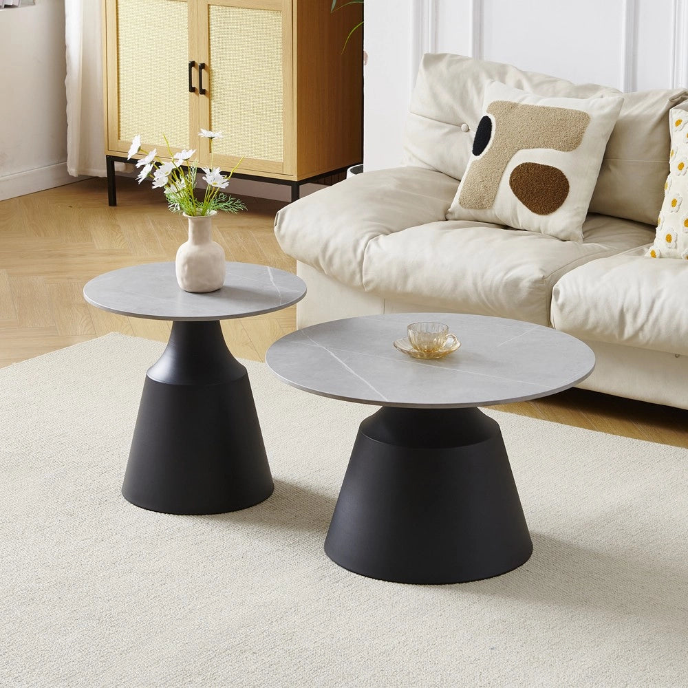 Set Tavolini Dual Rotondi in Ceramica Grigio Opaco con Struttura in Metallo Nero – Coppia Tavoli Salotto Moderni