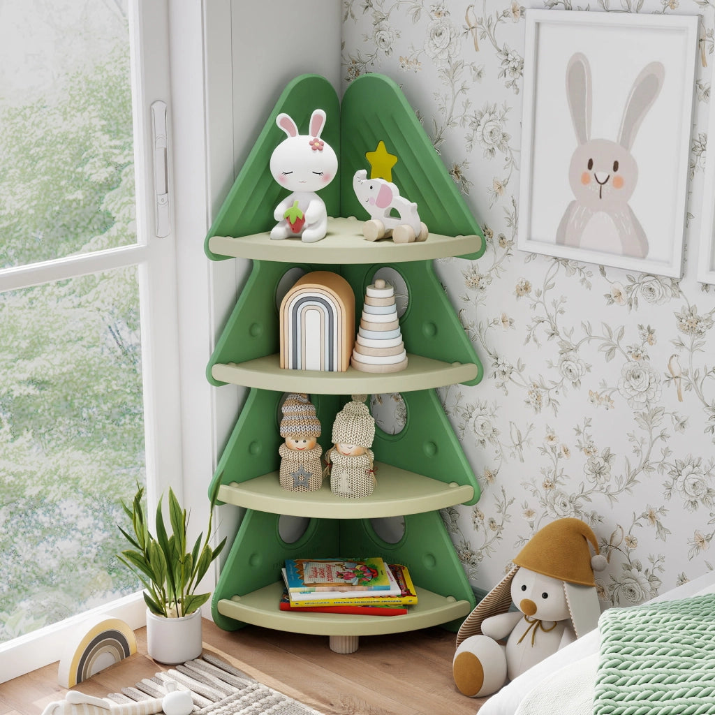 Scaffale bambini angolo albero natale 4 ripiani stretto giocattoli-Scaffale espositore neonati camera bambini asilo sala giochi