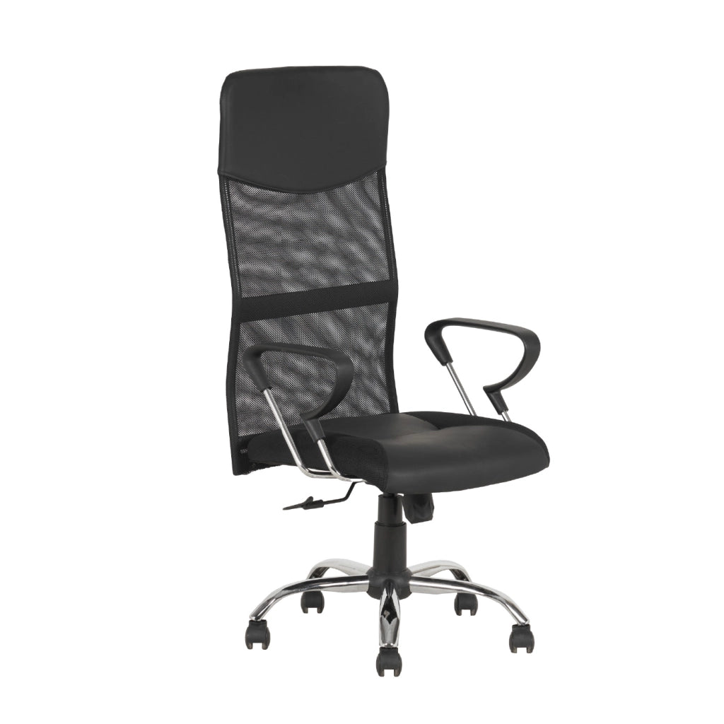 Sedia Presidenziale da Ufficio Ergonomica in Ecopelle e Rete Traspirante, Schienale Alto con Supporto Lombare, Altezza Regolabile, Base Cromata e Ruote 360