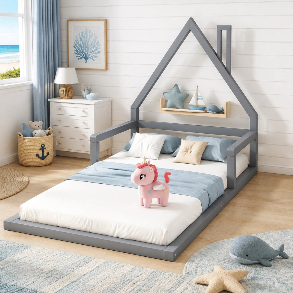 LETTO per bambini a forma di casa 90x200 cm Grigio in legno di pino e MDF