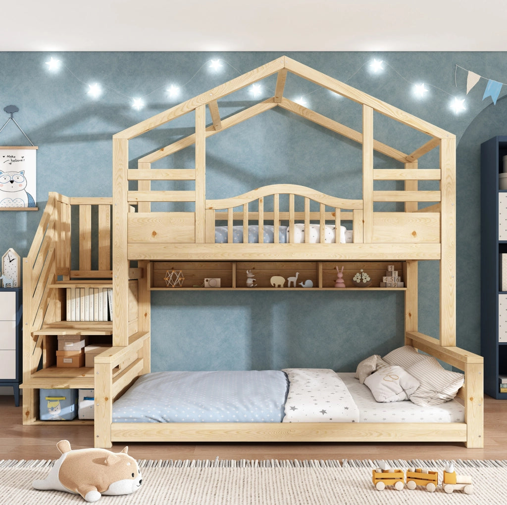 Letto a castello in legno 90x200 e 140x200 con scala contenitore