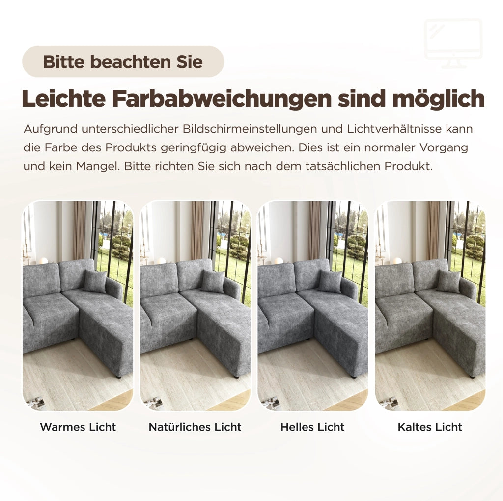Divano angolare L 3 posti in chenille grigio con 2 cuscini; struttura in legno; compatto