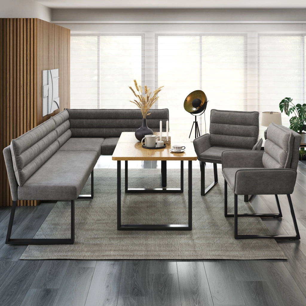 Set Tavolo da Pranzo con Panca Angolare e 2 Sedie ¨C MINIMAL ¨C Grigio/Legno, Tessuto Chenille