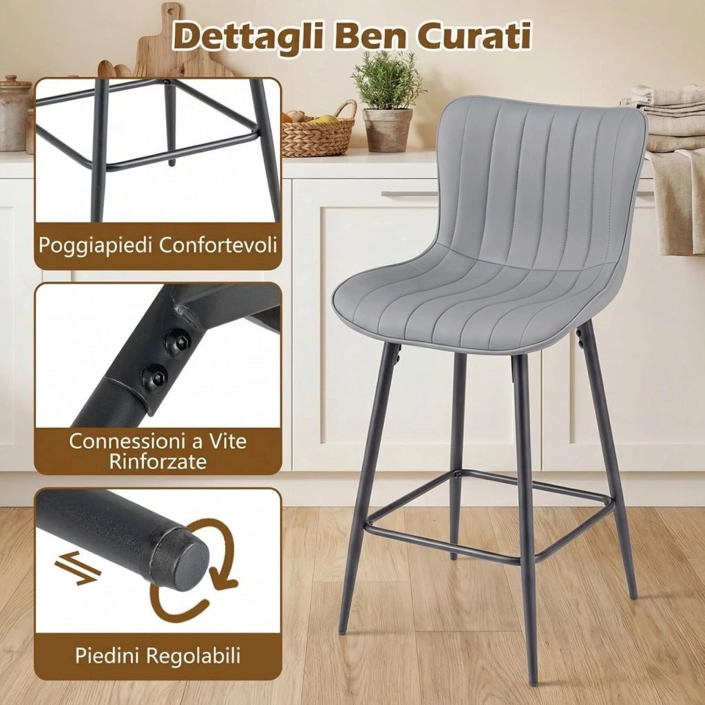 Set 2 Sgabelli da Bar con Comodo Schienale e Seduta Morbida | Sgabelli da Pranzo con Robusto Telaio in Metallo e Poggiapiedi, Design Moderno per Cucina, Sala da Pranzo e Salotto