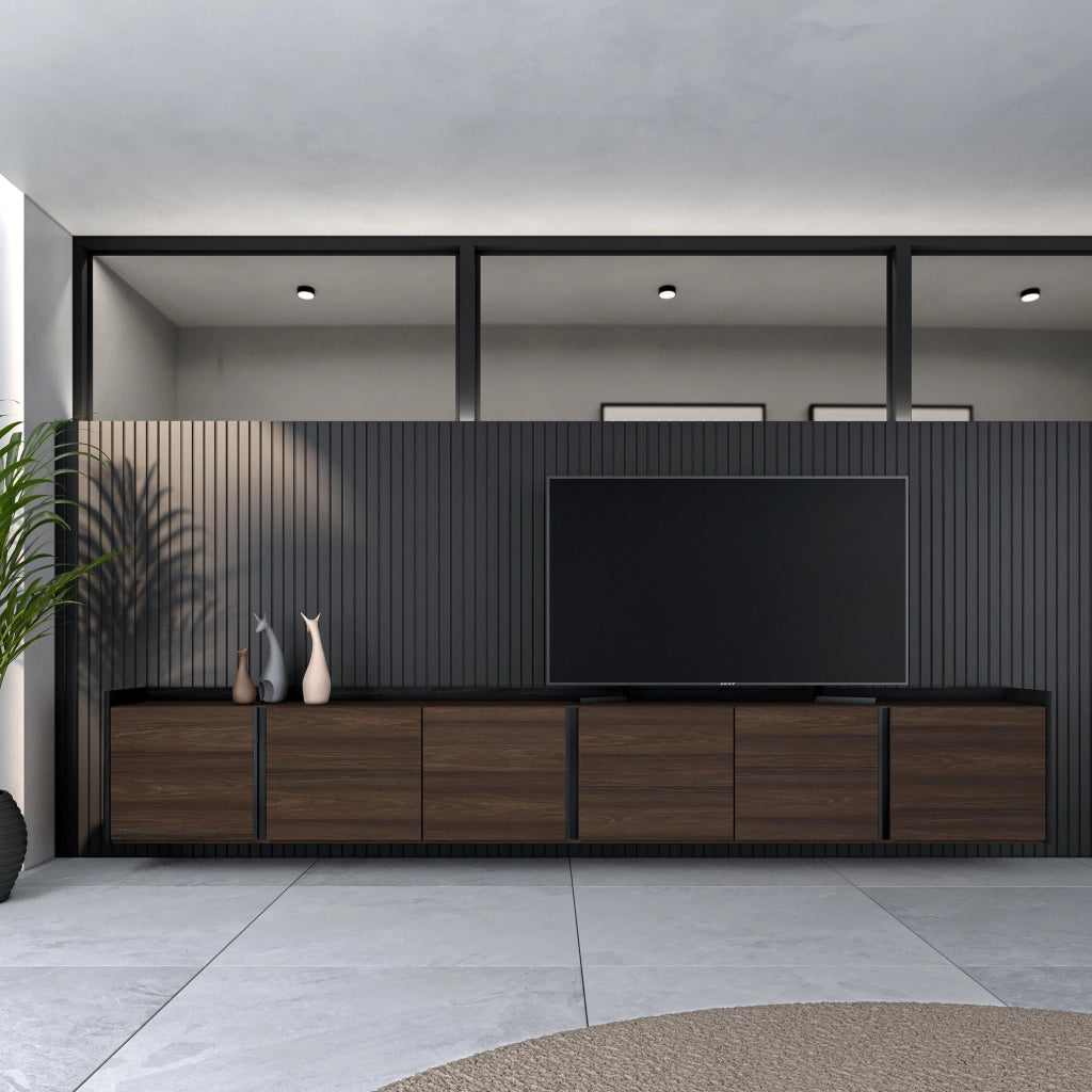 Mobile TV Soggiorno, 309x50x35 cm, Per TV fino a 80", Sospeso, da appendere, Rovere scuro e Nero