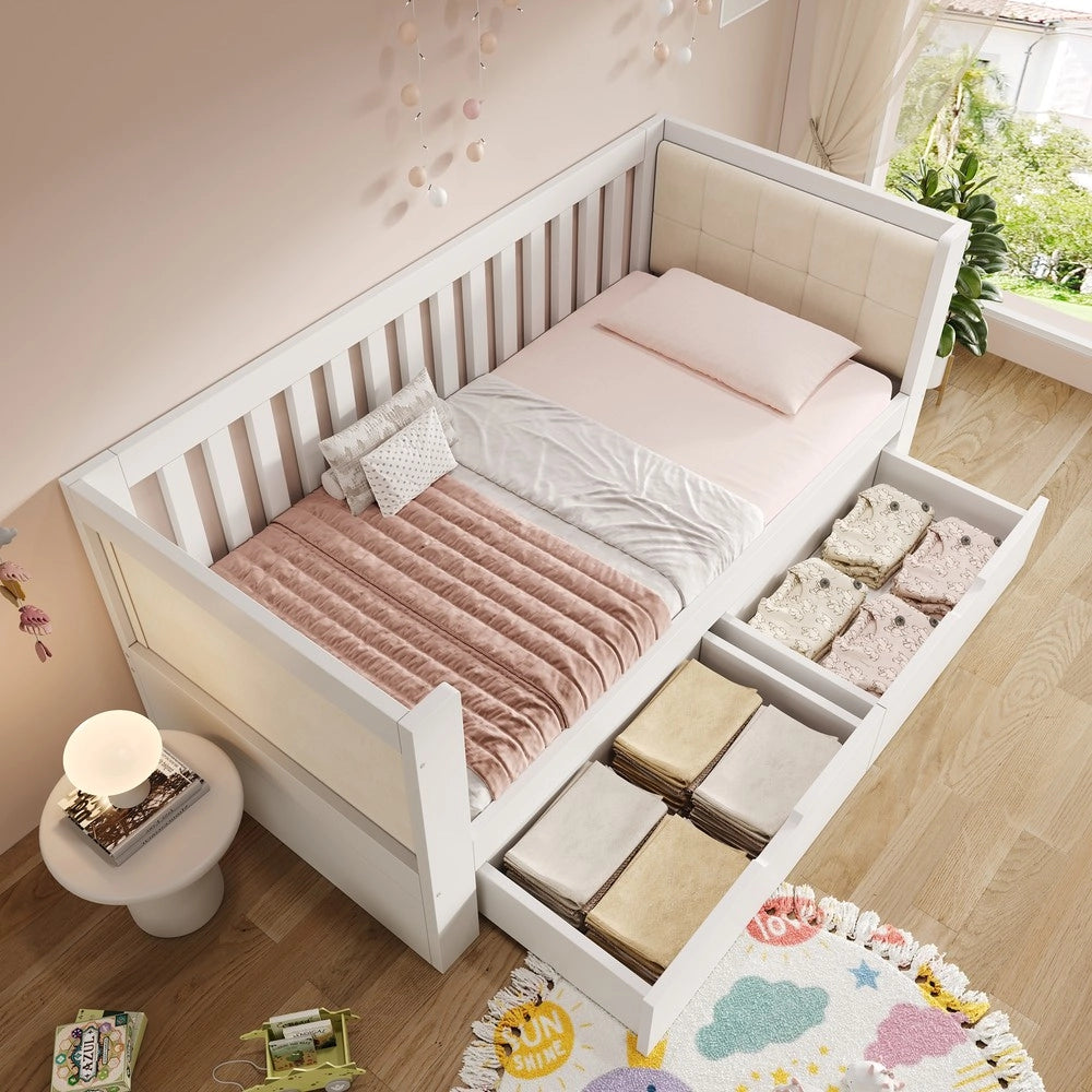 Divano Letto 90x190 ¨C Xylo ¨C Bianco, Legno, 2 Cassetti, Braccioli Arrotondati