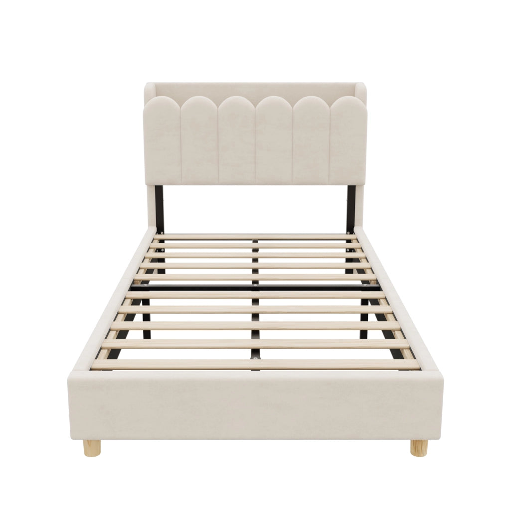 Letto singolo imbottito 90x200 cm con rete; testiera con luce notturna e porte USB Tipo C; beige
