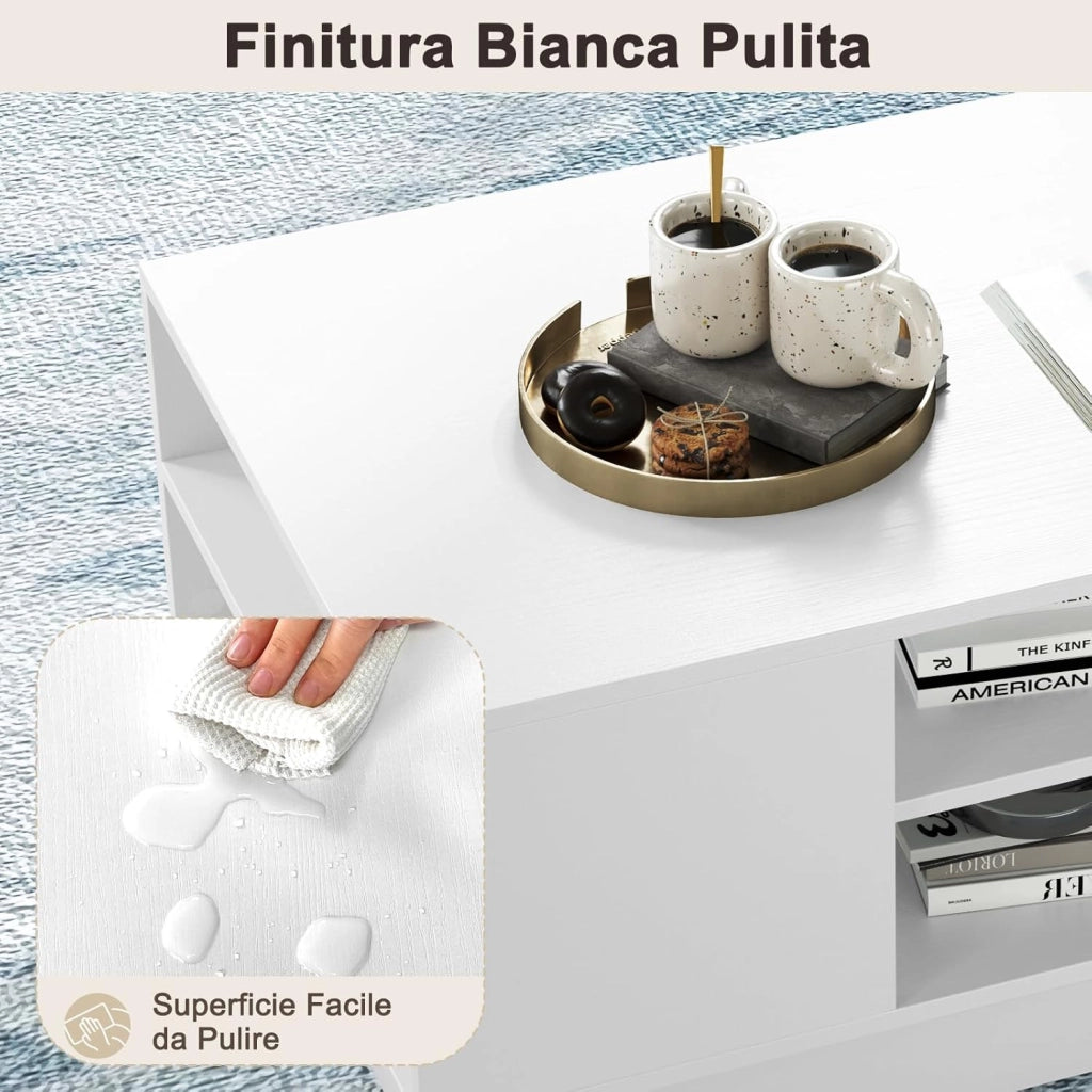 Tavolino da Salotto Rettangolare Design Moderno, Tavolino da Caffè con 2 Ripiani Inferiori Portaoggetti, Tavolino Basso da Divano per Soggiorno, 86 x 56 x 41 cm (Bianco)