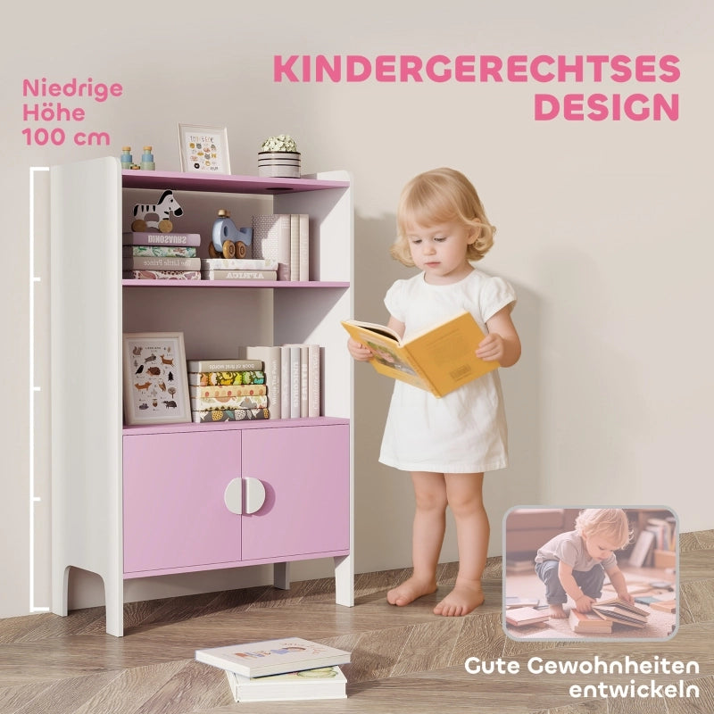 Libreria per bambini, 2 ripiani, 2 ante, autoportante, design antiribaltamento, piedini antiscivolo, MDF, rosa+bianco