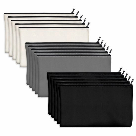 15 pacchi di borse in canvas di cotone con cerniera, da utilizzare come contenitore o astuccio, per uso DIY a casa, per prodotti di make-up/cosmetici/articoli da toeletta (nero, grigio e bianco)