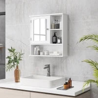 kleankin Armadio Murale Bagno Armadietto a Specchio Toilette 1 Anta Vano + Mensole Laterali MDF Bianco
