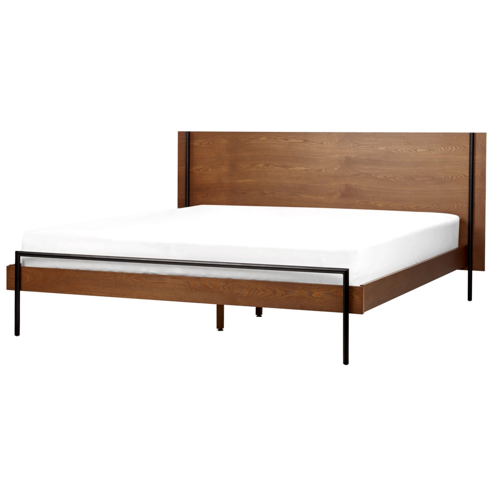 Letto 180 x 200 cm in frassino scuro con rete a doghe e testiera gambe in metallo nero
