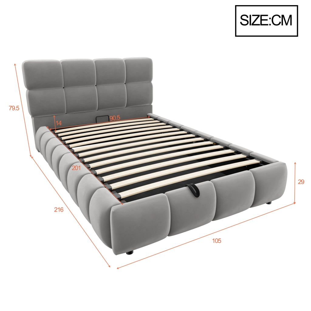 Letto imbottito singolo 90×200 cm con contenitore; LED e testiera; senza materasso; velluto; grigio