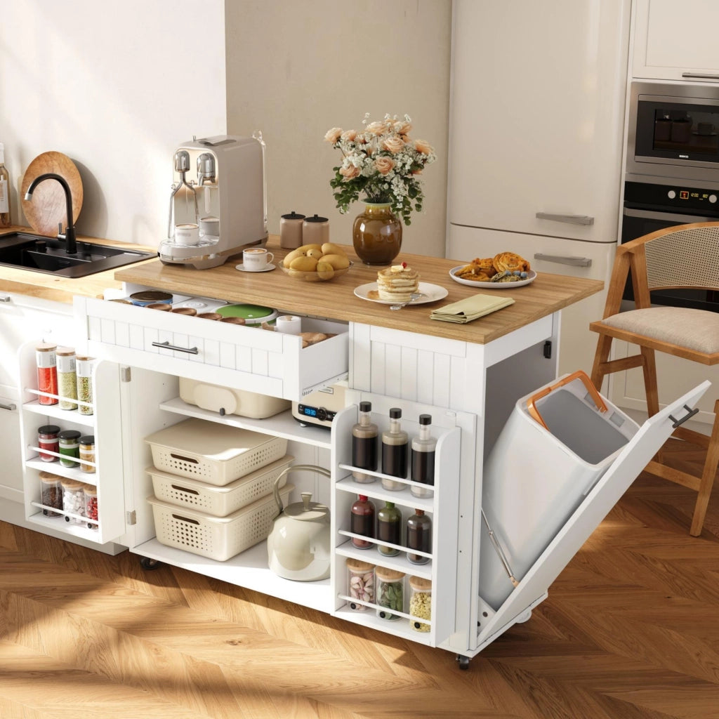 Mobile contenitore da cucina con piano ribaltabile e ruote - in MDF - 130×70×93 cm - bianco