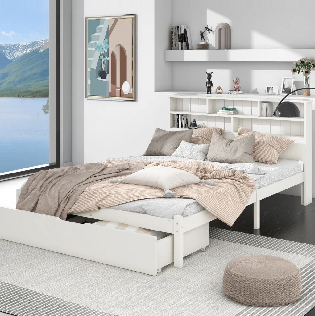 LETTO matrimoniale 140x200 cm bianco in legno con testiera a libreria e cassetti