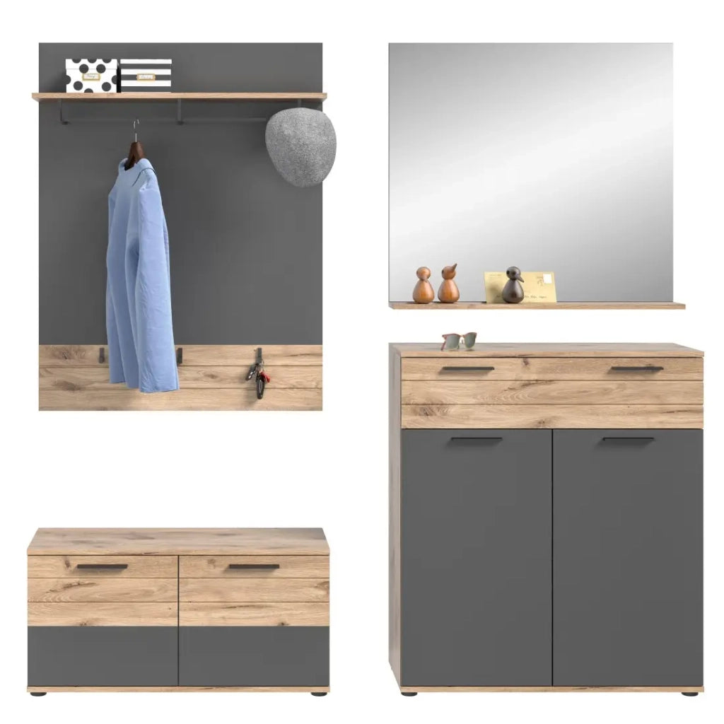 Set di mobili per ingresso: mobile per scarpe + buffet + specchio + attaccapanni – Grigio antracite e rovere chiaro – SELMA