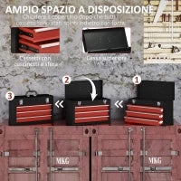 DURHAND Cassetta Porta Attrezzi in Acciaio con 3 Cassetti e Vassoio Superiore, 51x22x32 cm, Rosso e Nero