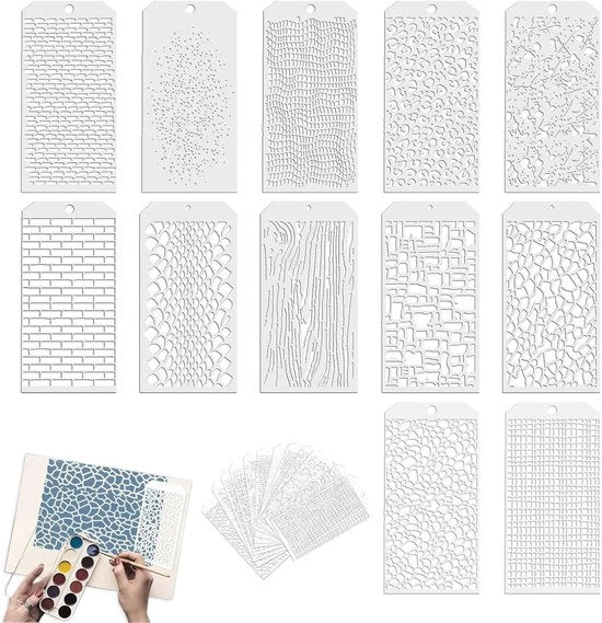 Set di stencil gelastrati per pittura, set riutilizzabile da 12 pezzi, dimensioni 22 x 11 cm.