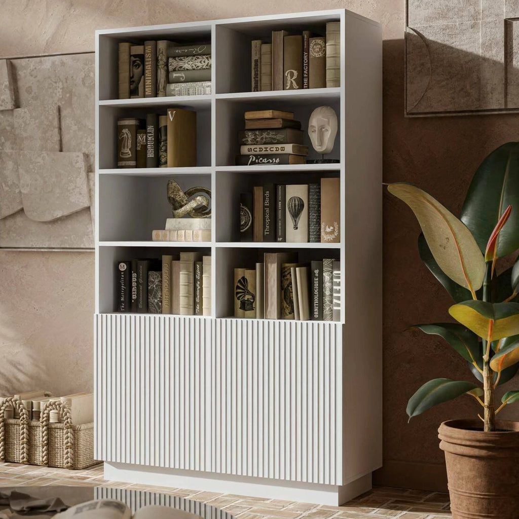 Libreria Miniato, Mobile portalibri con vani aperti e due ante, Design moderno e minimale, 172x40 h100 cm, Bianco
