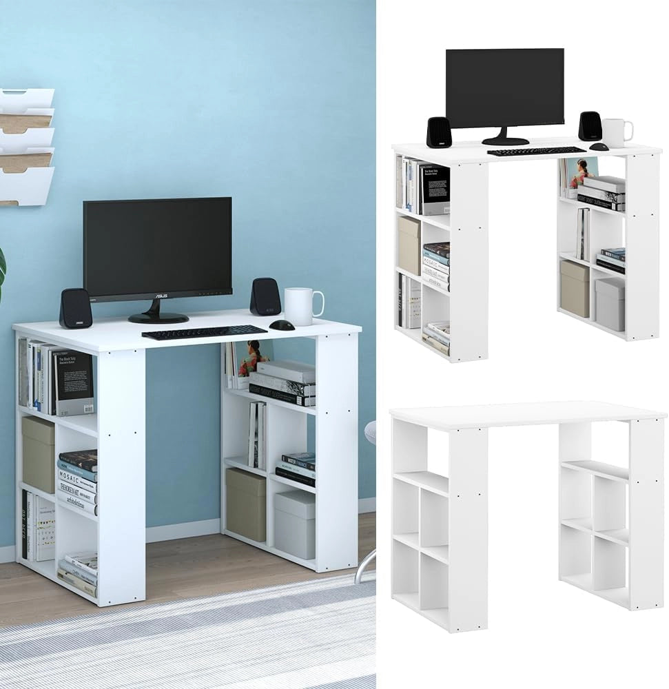 Scrivania con ripiani Arwen, Bianco, 90 x 60 cm, con ripiani aperti per appoggio laterale