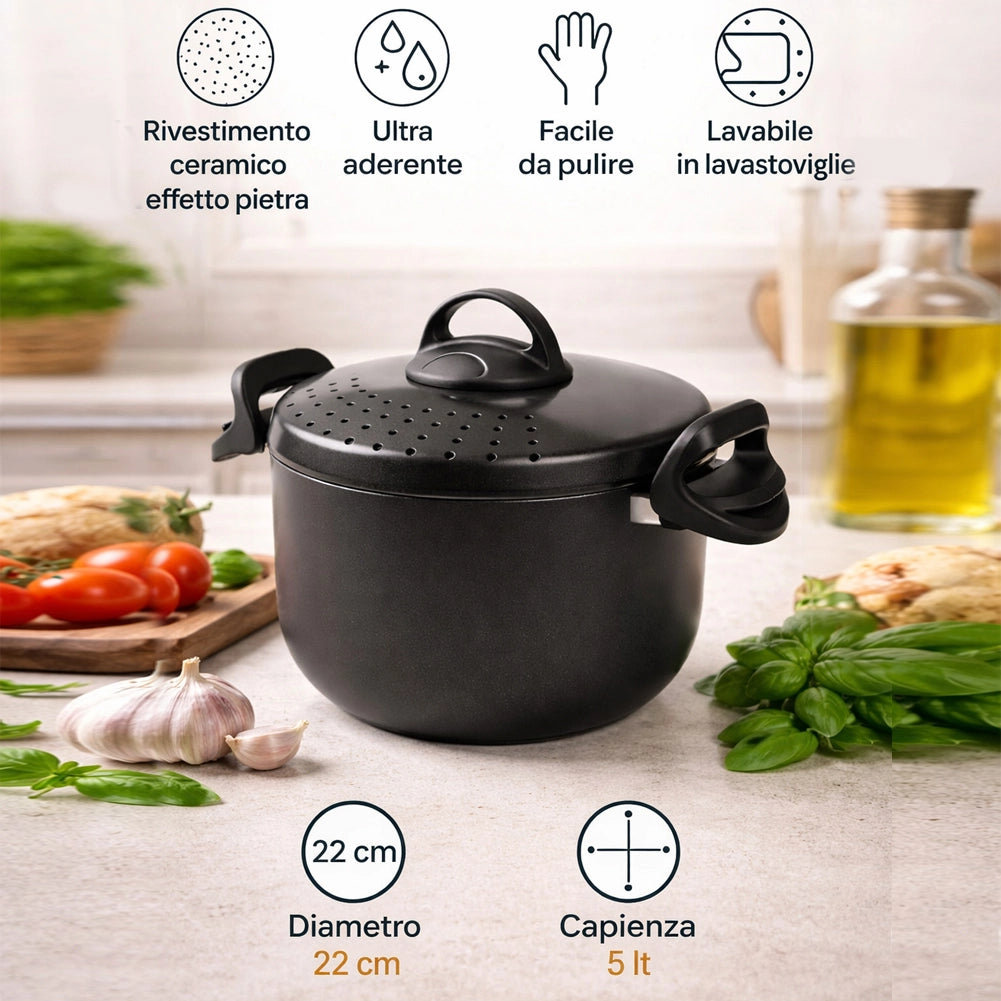 Pentola 22cm Coperchio Scolapasta Autobloccante Scolì con Maniglie Autobloccanti