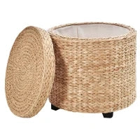 Pouf Contenitore Rotondo Stile Boho con Rivestimento Naturale, Tavolino da Salotto Ø43x43cm, Kaki