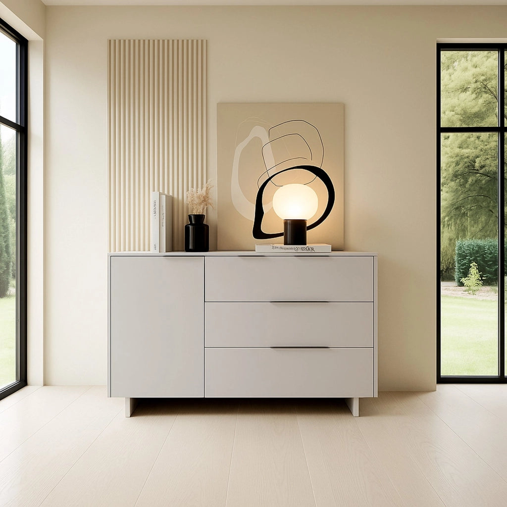 Credenza Rubiera, Madia da salotto con un'anta battente e tre cassetti, Rialzato da terra, 120x42 h90 cm, Beige