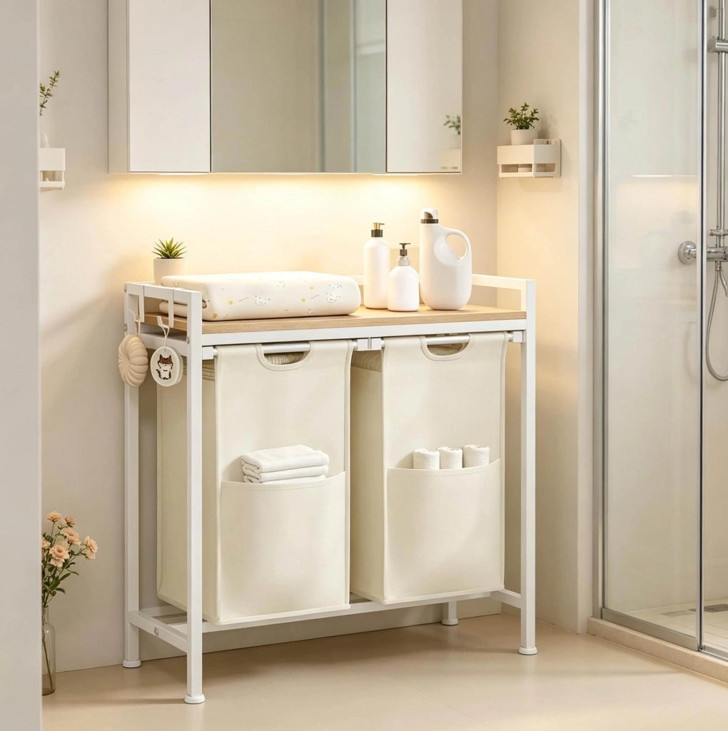 Portabiancheria a 2 scomparti 70 x 71 x 30 cm in legno chiaro e bianco