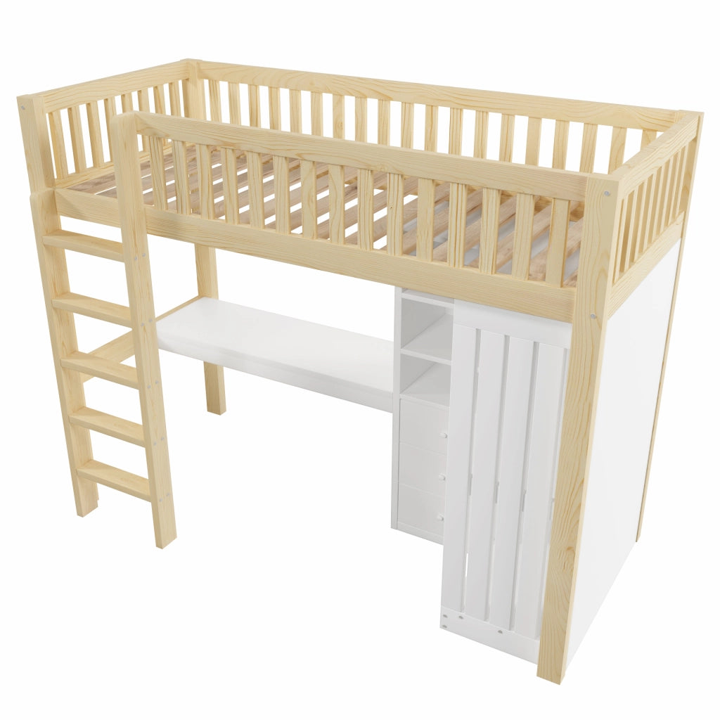 Letto a castello naturale in pino con scrivania armadio e 3 cassetti 90x200 cm