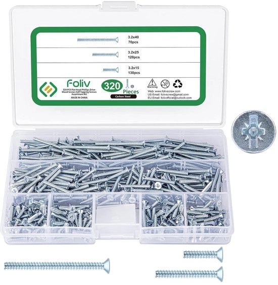 Assortimento di viti per apparecchiature - 320 pezzi Ø 32 x 15/25/40 mm viti a testa inculpata - acciaio inossidabile PZ1/serratura