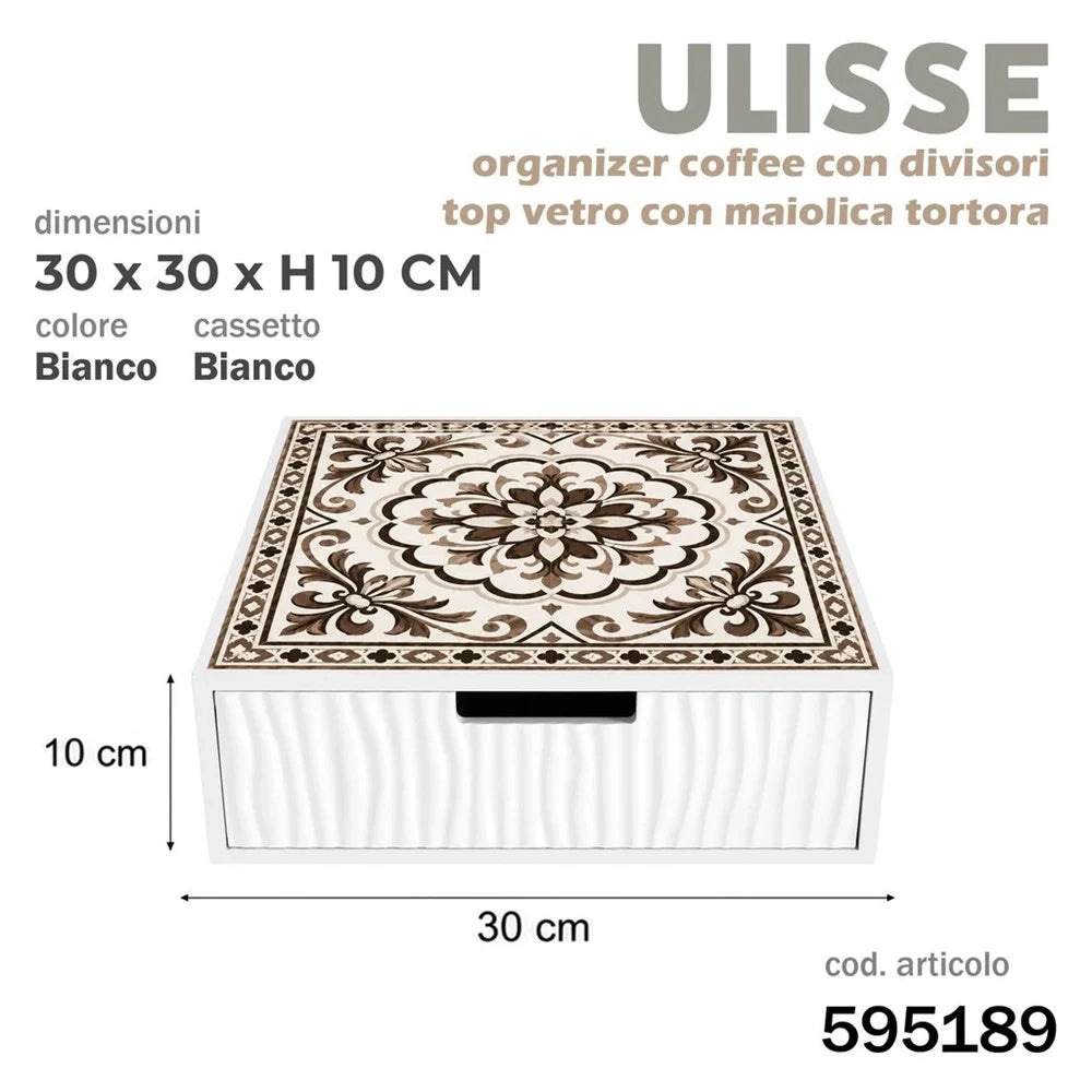 Trade Shop - Cassetto Organizer Porta Capsule Cialde Bianco Top Vetro Maiolica Tortora Divisori 595189 -