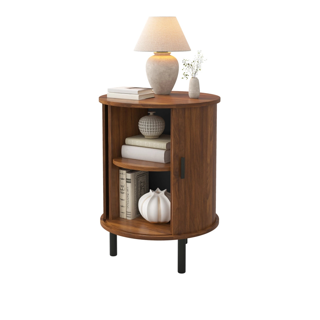 Mobile contenitore rotondo con anta scorrevole, finitura noce, 48x48x65 cm