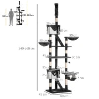 Tiragraffi per Gatti a Soffitto con Altezza Regolabile 240-260 cm, Albero Tiragraffi per Gatti Multilivello con Cucce, Amache e Scale, Corde in Sisal, Grigio Scuro e Bianco